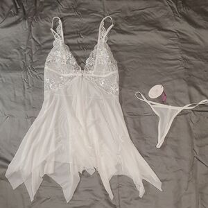 AVIDLOVE Lace Front Closure Night Dress, 2 Piece Set, White, Size XS